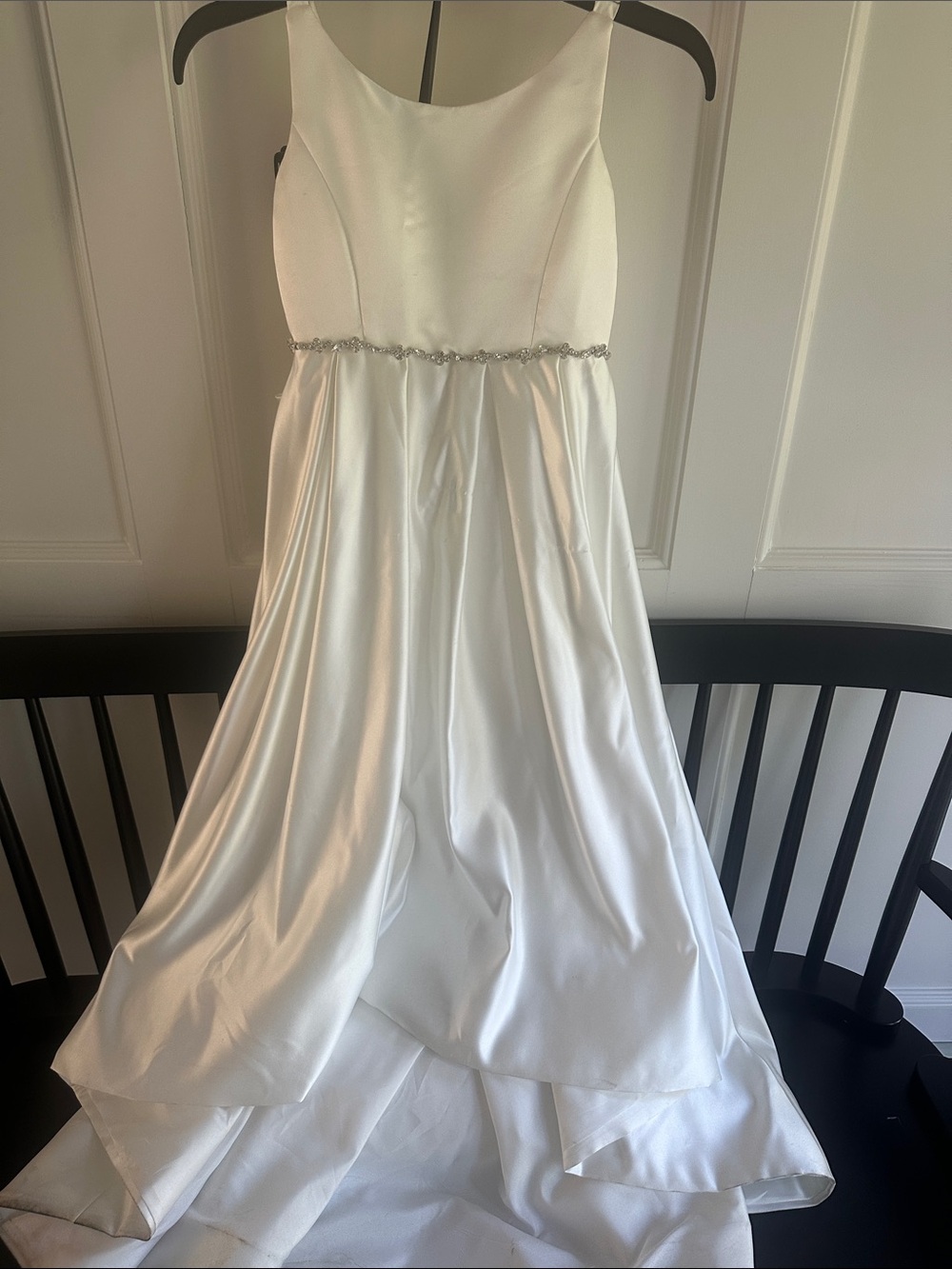 White Girls' Satin Party Dress with Rhinestone Crystal Waist